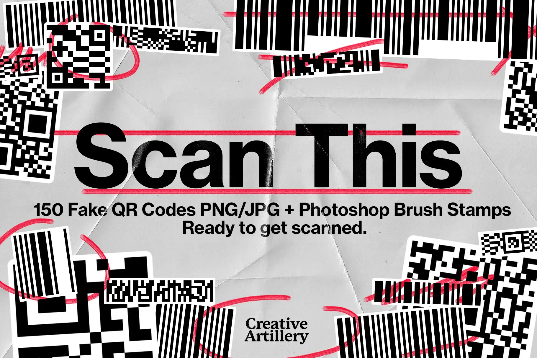 150 Fake QR Codes PNG & Photoshop Brush Stamps